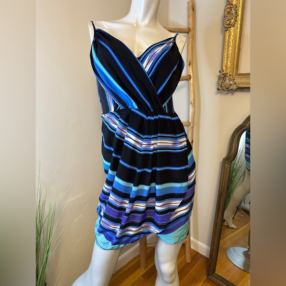 Yumi Kim 100% Silk Faux Wrap Mini Dress Stripe Black Blue White Purple Size L